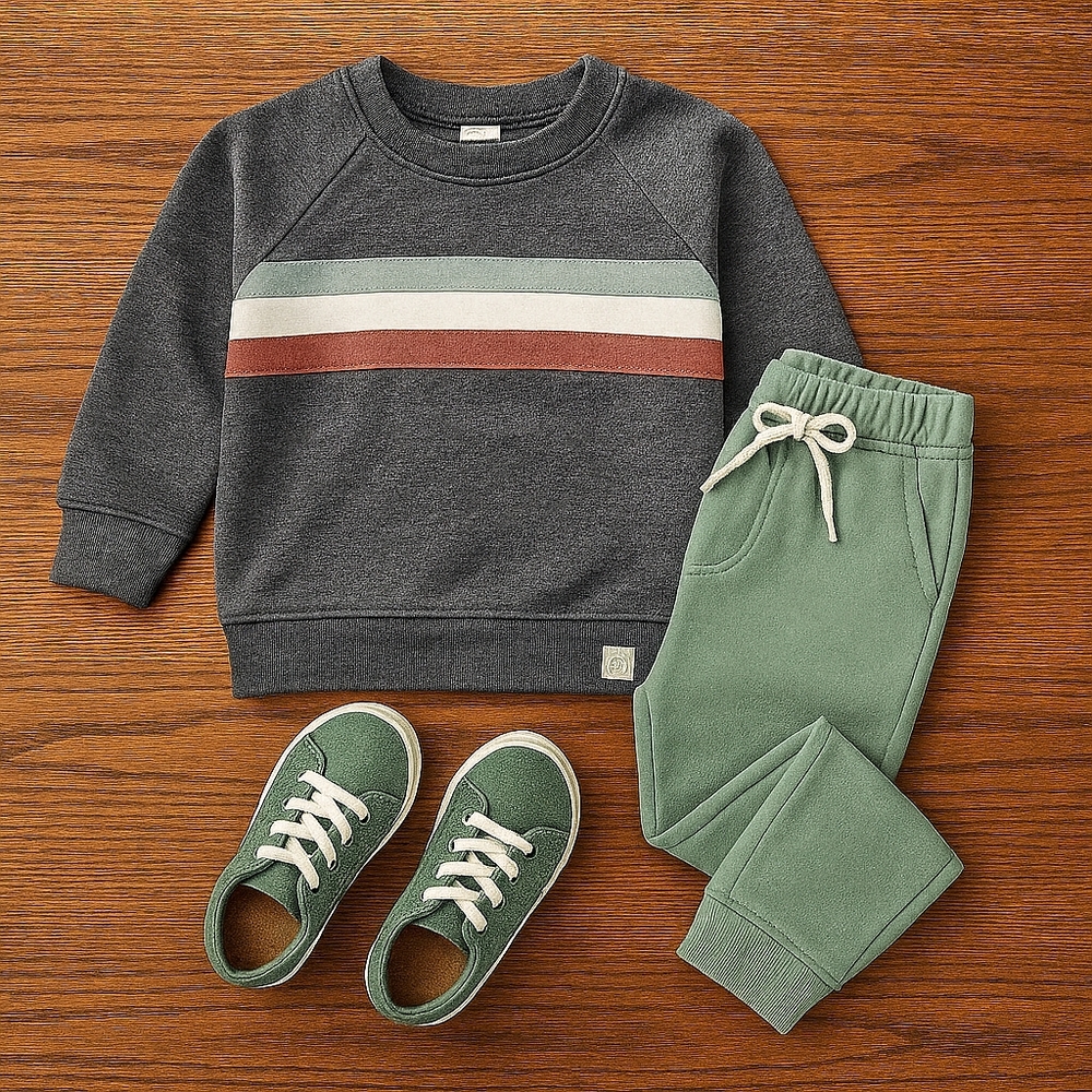 Lulu & Roo Handmade USA Sweatshirt 2T | Charcoal w/ Seafoam Ivory & Spice Stripe